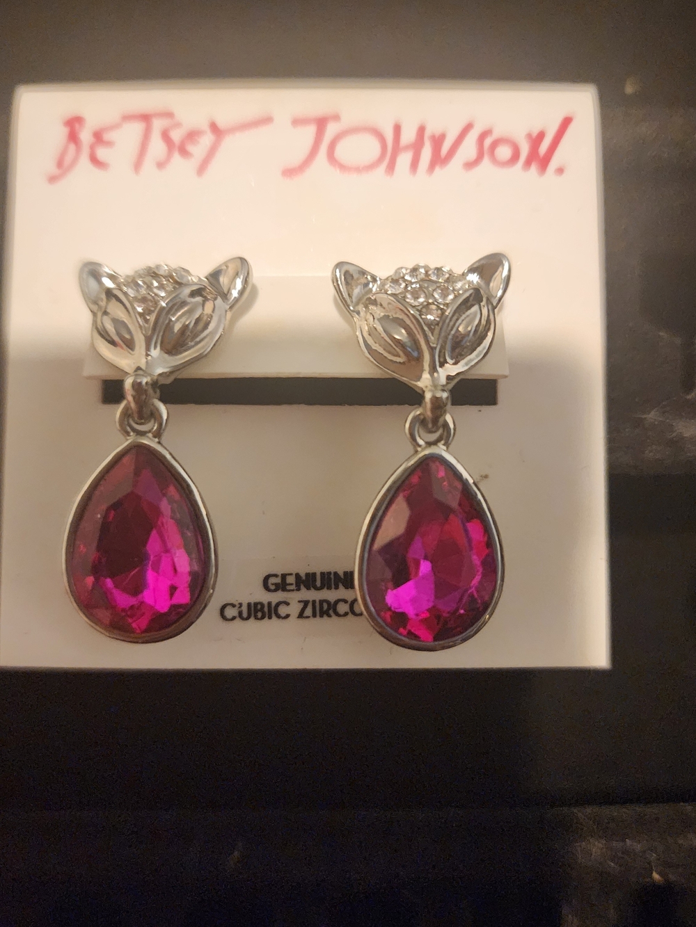Betsey Johnson Silver Fox Earrings with Fuchsia Teardrop Stones